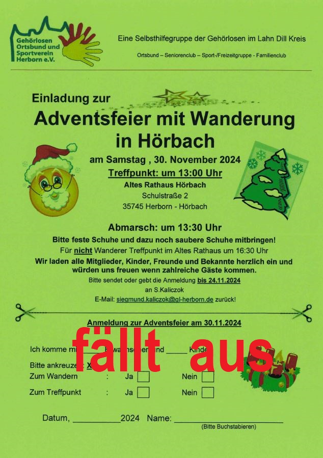 2024 11 30 Adventsfeier mit Wanderung fällt aus